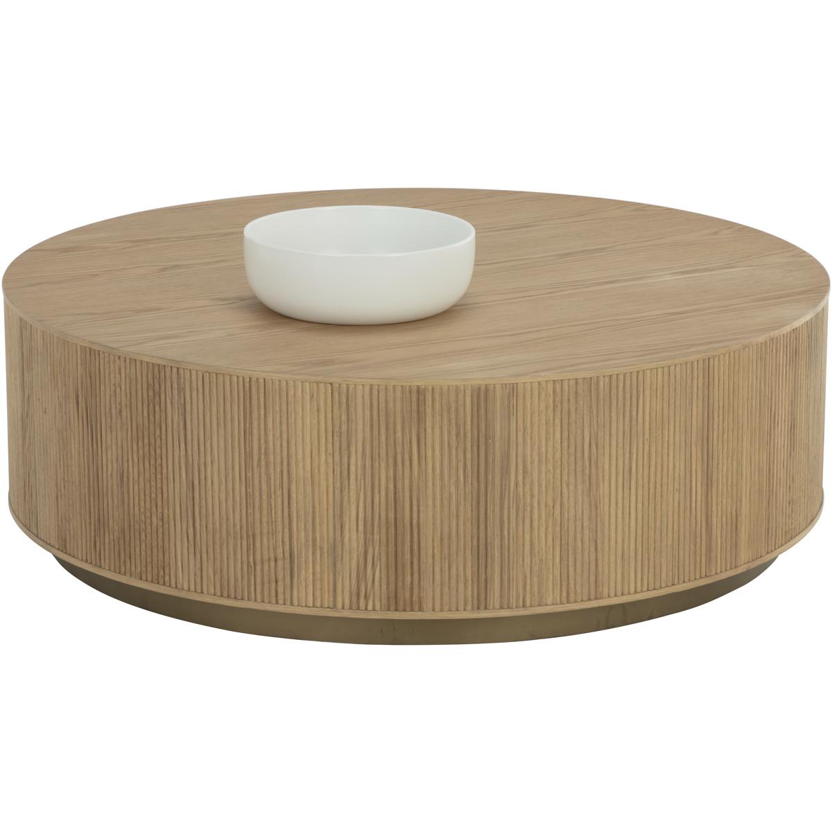 Palmerston Modern Natural Oak Brushed Gold Steel Round Drum Coffee Table